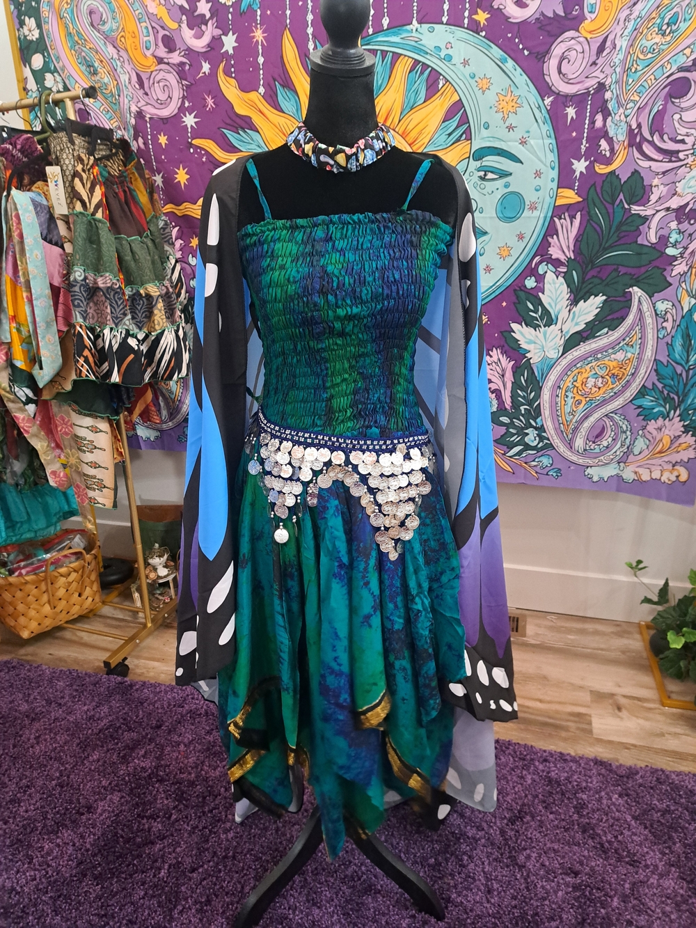 Tidal Moon Dancer Festival Outfit | Cotton Fairy Dress,Egyptian Silver Coin Belt